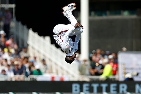 Kevin Sinclair celebrates Harry Brook's wicket